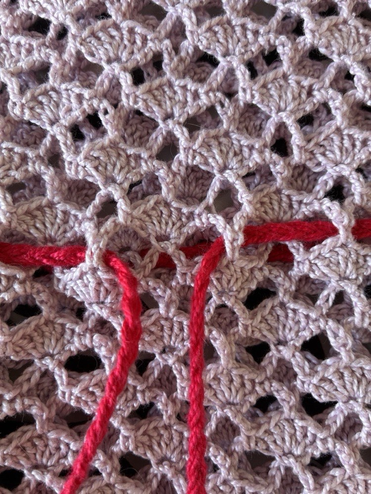 Close-up of shell mesh with the red waist tie threaded through the openings, the two ends hanging down